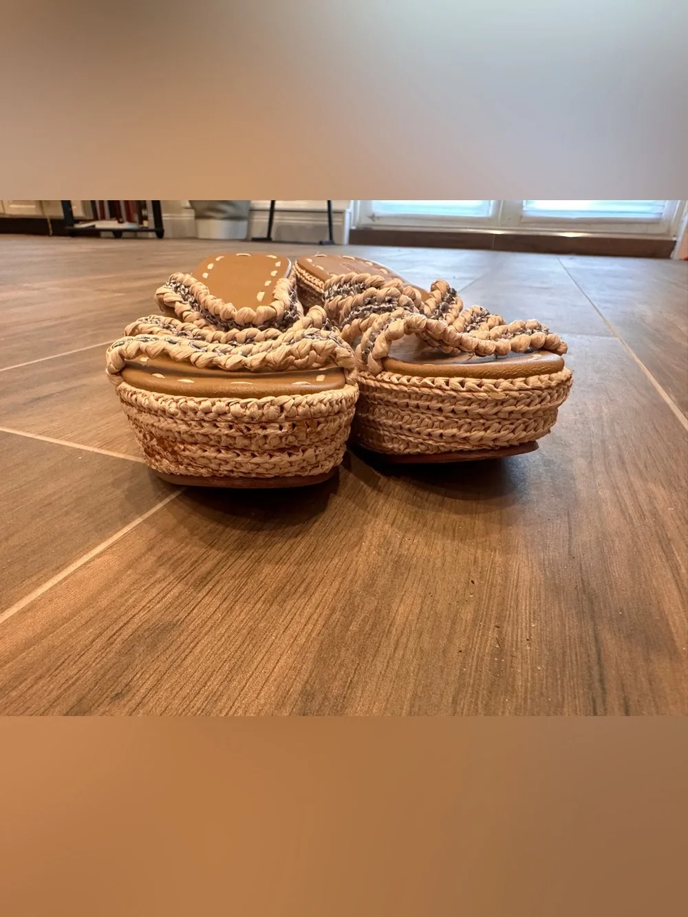 Carrie Forbes Raffia Woven Platform Wedge Sandals Cream Silver EU 37